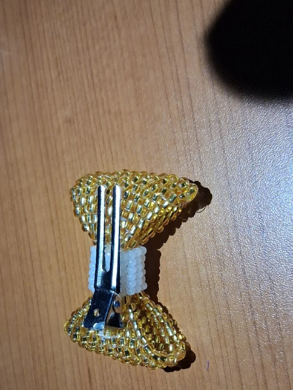 Gold and White Beaded Bow Hair Clip